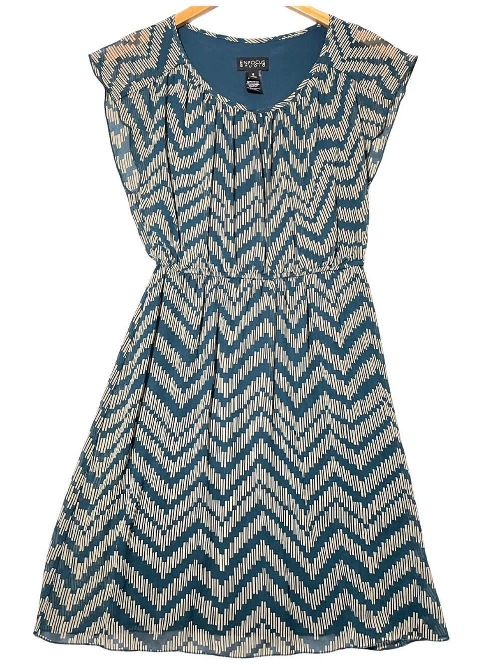 Enfocus Studio Dress Size 6 Teal Beige Chevron Geometric Chiffon Cap Sleeve